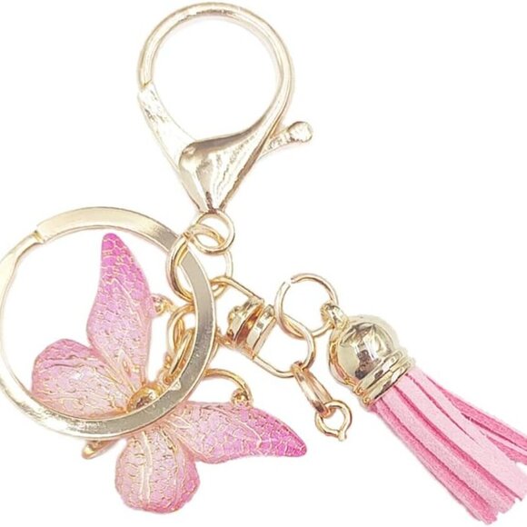 Letter A-Z Keychain Pink Tassel Butterfly Key Ring for Women Backpack Handbags P - Picture 3 of 4